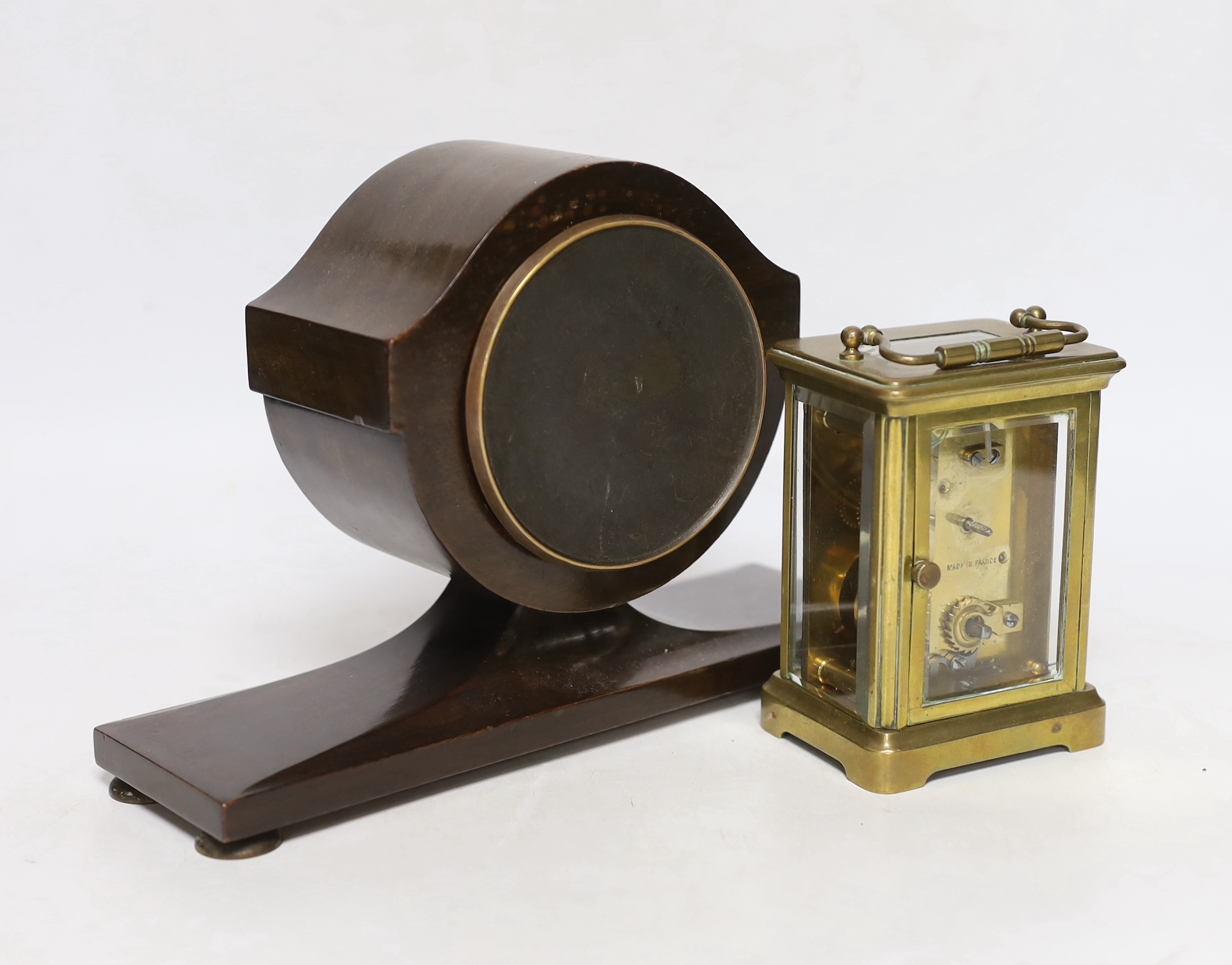 A carriage clock and an Edwardian strung mahogany mantel clock, 24cm wide